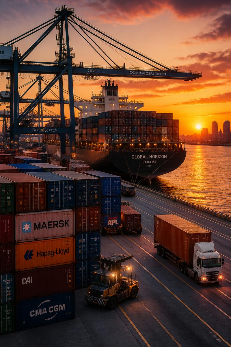 Contentores de carga num porto ao crepúsculo